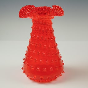 Orange Hobnail Glass Vase with Crimped Tri-Corner Rim