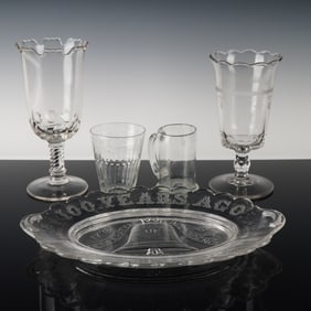 5pc Glassware Assortment, Celery Vases, Etched Tumbler, Mug, Liberty Bell P