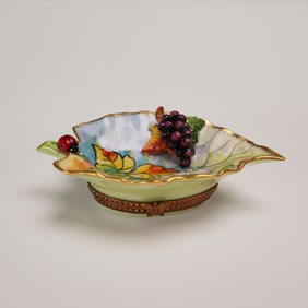 Beauchamp Limoges Porcelain Trinket Box, Leaf with Grapes and Ladybug