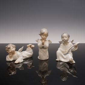 3pc Lladro Figurine Set, Praying Angel, Reclining Angel, Angel Playing Lute