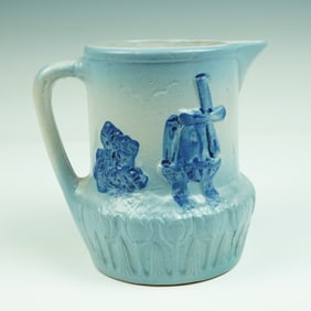 Blue and Grey Salt-Glazed Stoneware Pitcher with Windmill Relief