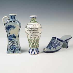 3pc Dutch Delftware Pottery, Pitcher, Vase and Slipper