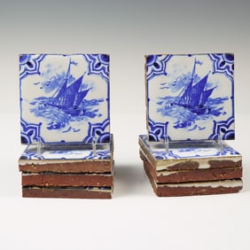 8pc Mosaic Tile Co. Delftware Faience Tiles, Sailboat