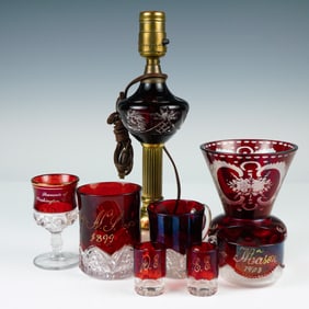 Ruby-Stained Souvenir and Cut Glass Items Including Lamp