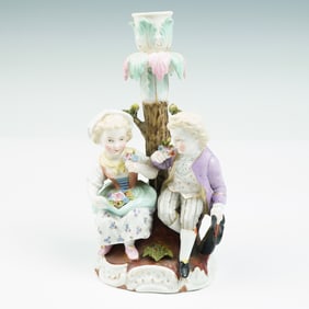 Sitzendorf Porcelain Figural Candlestick with Courting Couple
