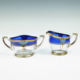 2pc Hand Painted Art Deco Glass Sugar and Creamer
