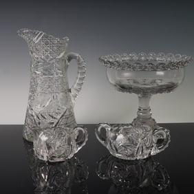 4pc Cut Glass Tableware, Pitcher, Compote, Sugar, Creamer