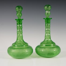 Pair of Apple Green Etched and Cut Glass Decanters with Stoppers
