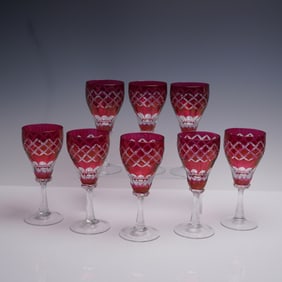 8pc Clear Cranberry Cut Wine Glasses
