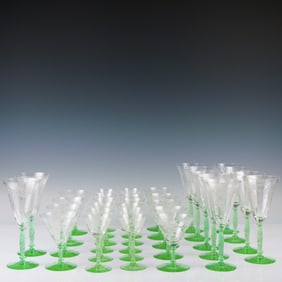 32pc Green Stem Etched Crystal Glasses