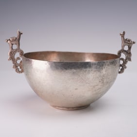 Peruvian Llama Double-Handle Silver Bowl