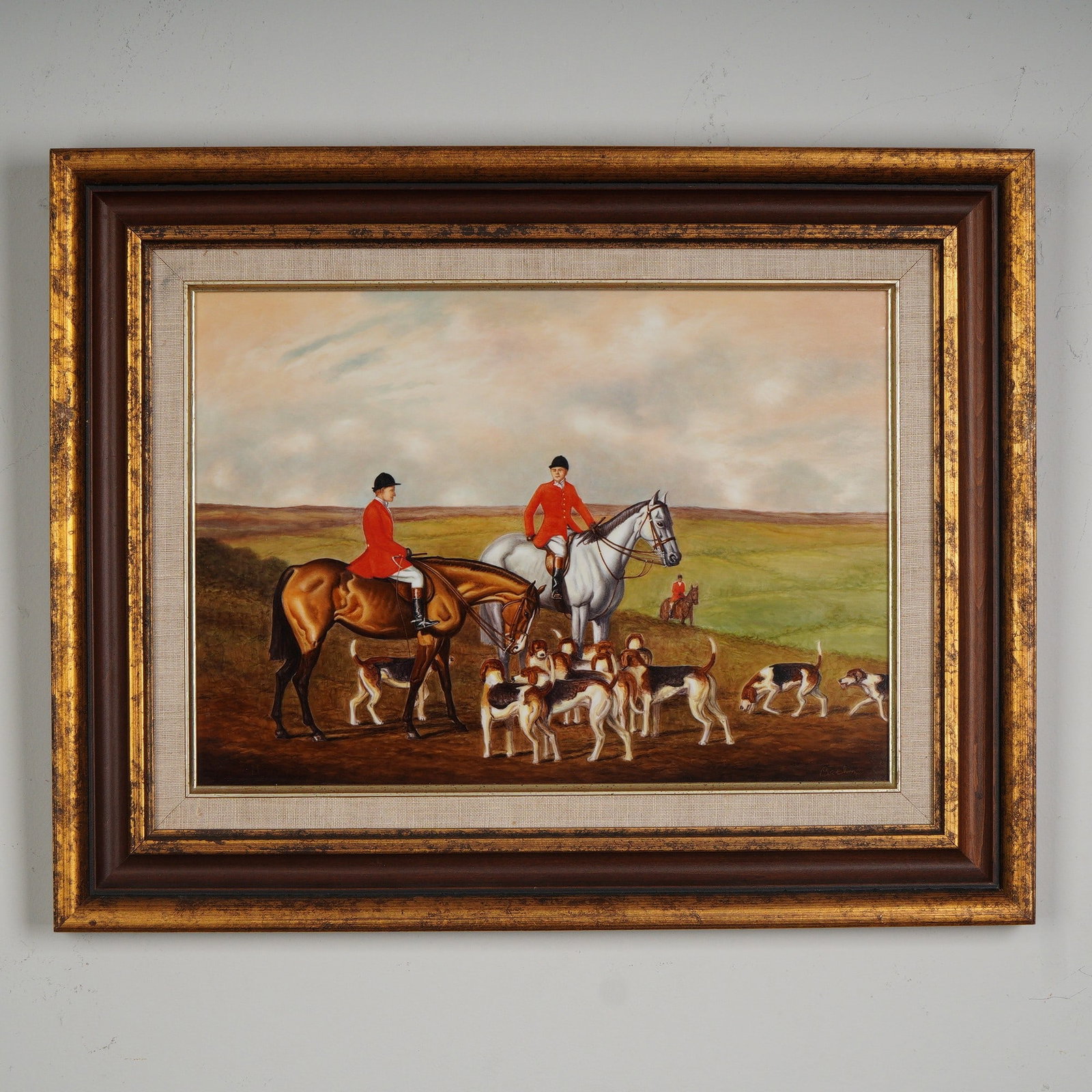 Boehm Bone Porcelain Plaque, Grand Day for the Hunt, Made in England: Provenance from the estate of Helen Boehm. This finely detailed Boehm Bone Porcelain plaque, titled Grand Day for the Hunt, depicts an iconic English fox hunting scene with two riders in traditional s