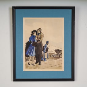 Wayne Hall Original Pen & Ink Illustration, Farewell on the Tarmac, Signed
