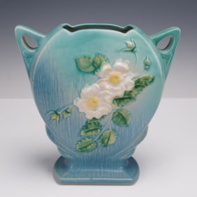 Roseville Pottery Blue Vase, White Rose