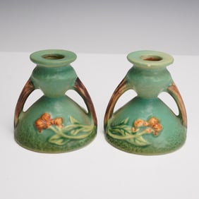 Pair of Roseville Pottery Candlesticks, Iris Pattern, Shape 851-3