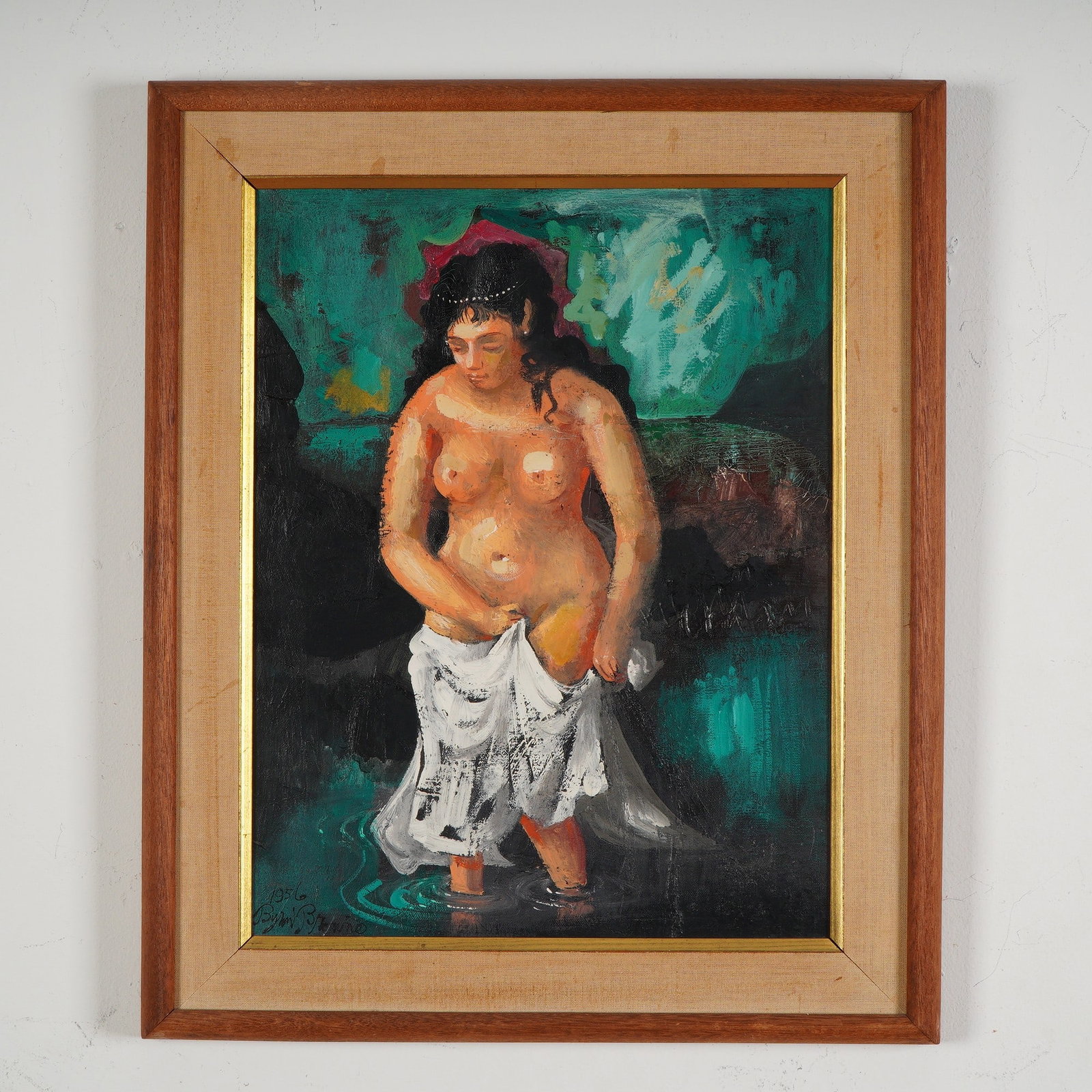 Byron Brown, Original Oil on Canvas, Moonlight on Beach, Signed: Captivating original oil painting on canvas by Byron Brown, dated 1956 and titled Moonlight on Beach. This evocative work depicts a nude female figure emerging from the water, her modesty partially co