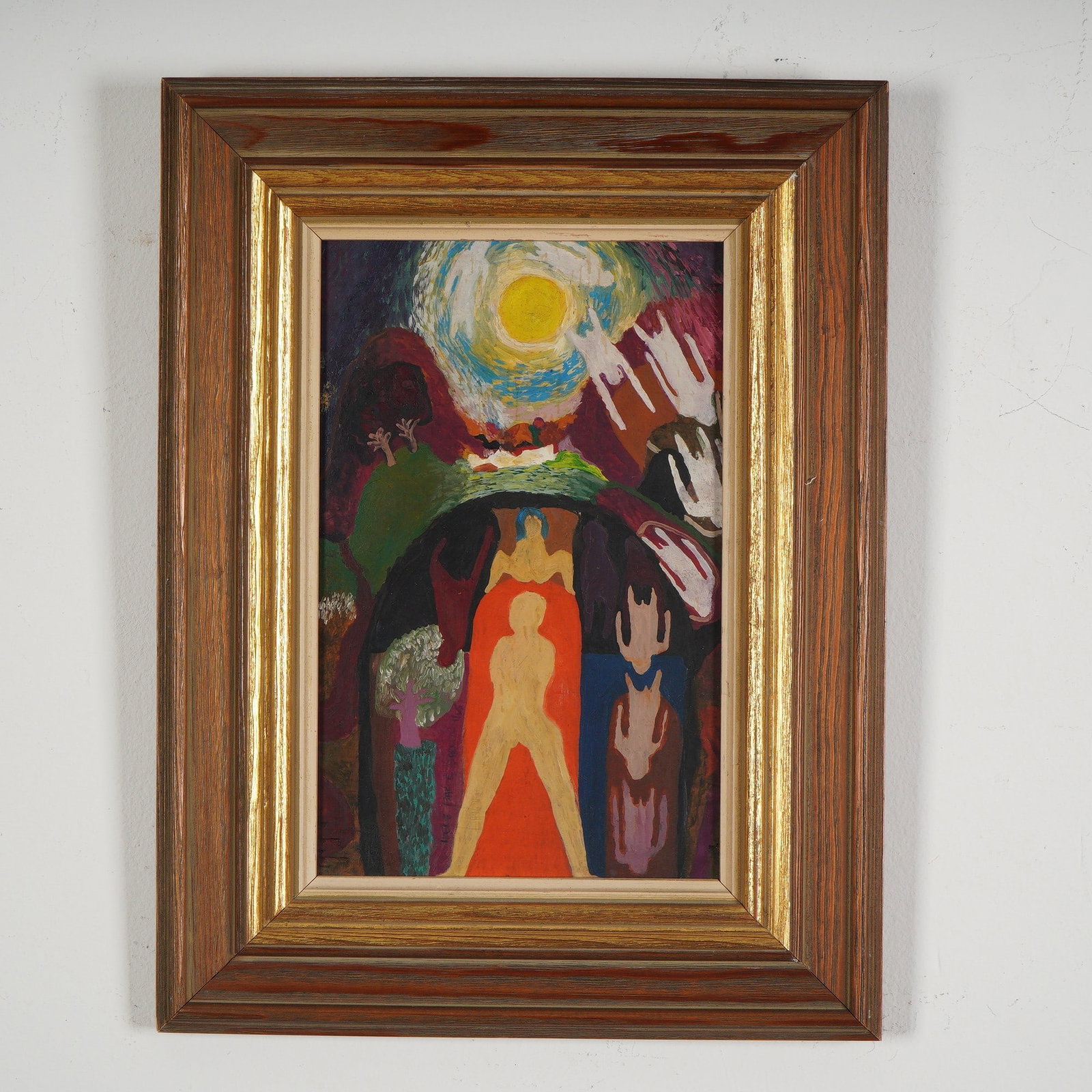 Irene Baker, Original Oil on Wood, Sun People, Signed: Vivid and symbolic oil on wood panel by Irene Baker, titled Sun People and dated 1965. The composition features bold, abstracted human forms radiating against a dynamic backdrop of intense color contr