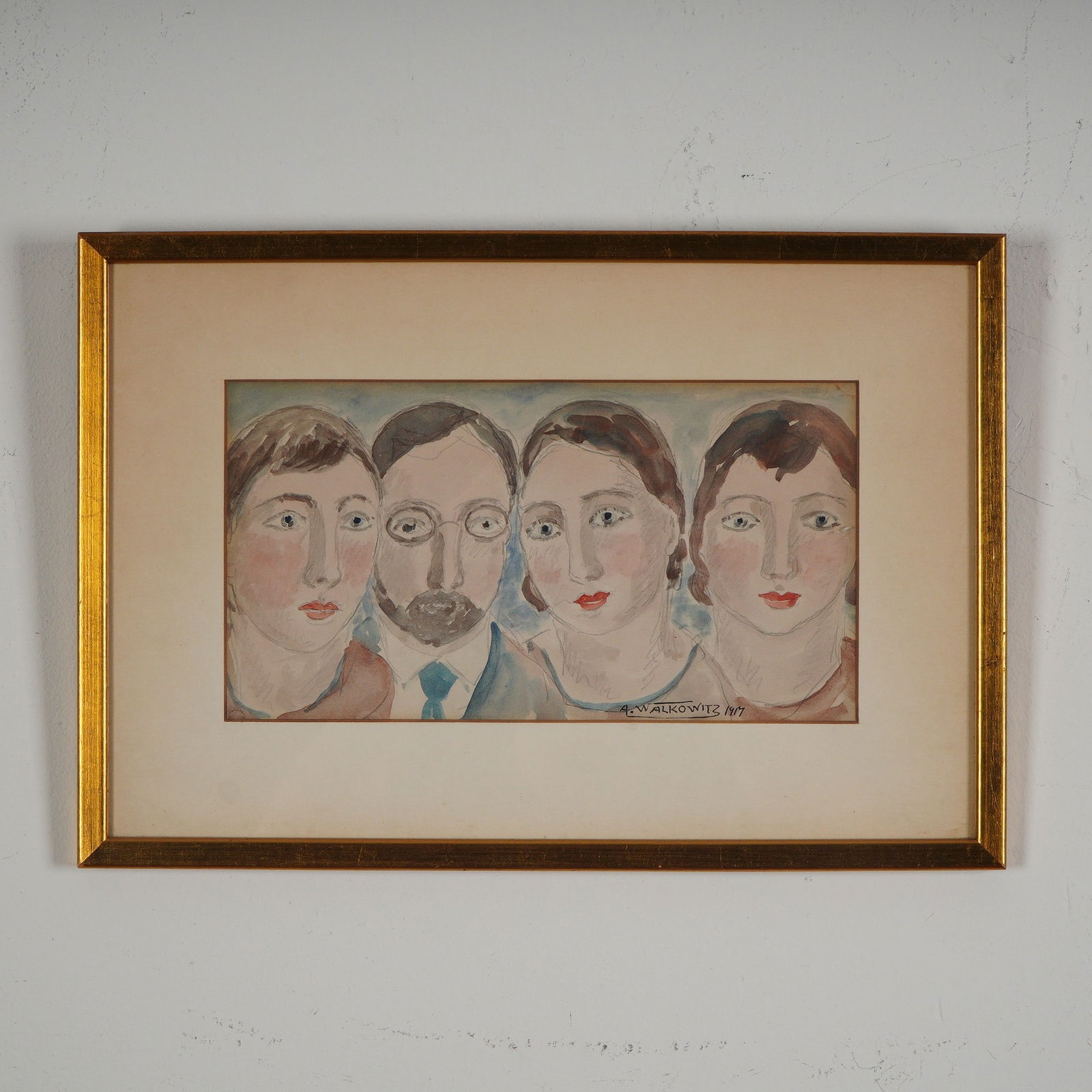 Abraham Walkowitz, Original Watercolor on Paper, Four Heads, Signed: This watercolor on paper by Abraham Walkowitz depicts a compelling quartet of faces, three women and one man, rendered in his distinctive modernist style. Walkowitz, an influential figure in early 20t