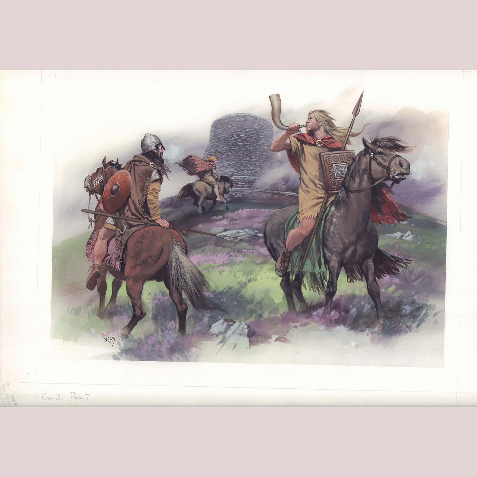 Angus McBride, Original Gouache Published Art - Celtic Horsemen at Hillfort: Original gouache illustration by Angus McBride, created for Blandford Press and marked Chapter 2, Plate 7. The scene portrays Iron Age Celtic horsemen assembling outside a stone hillfort, one of them 