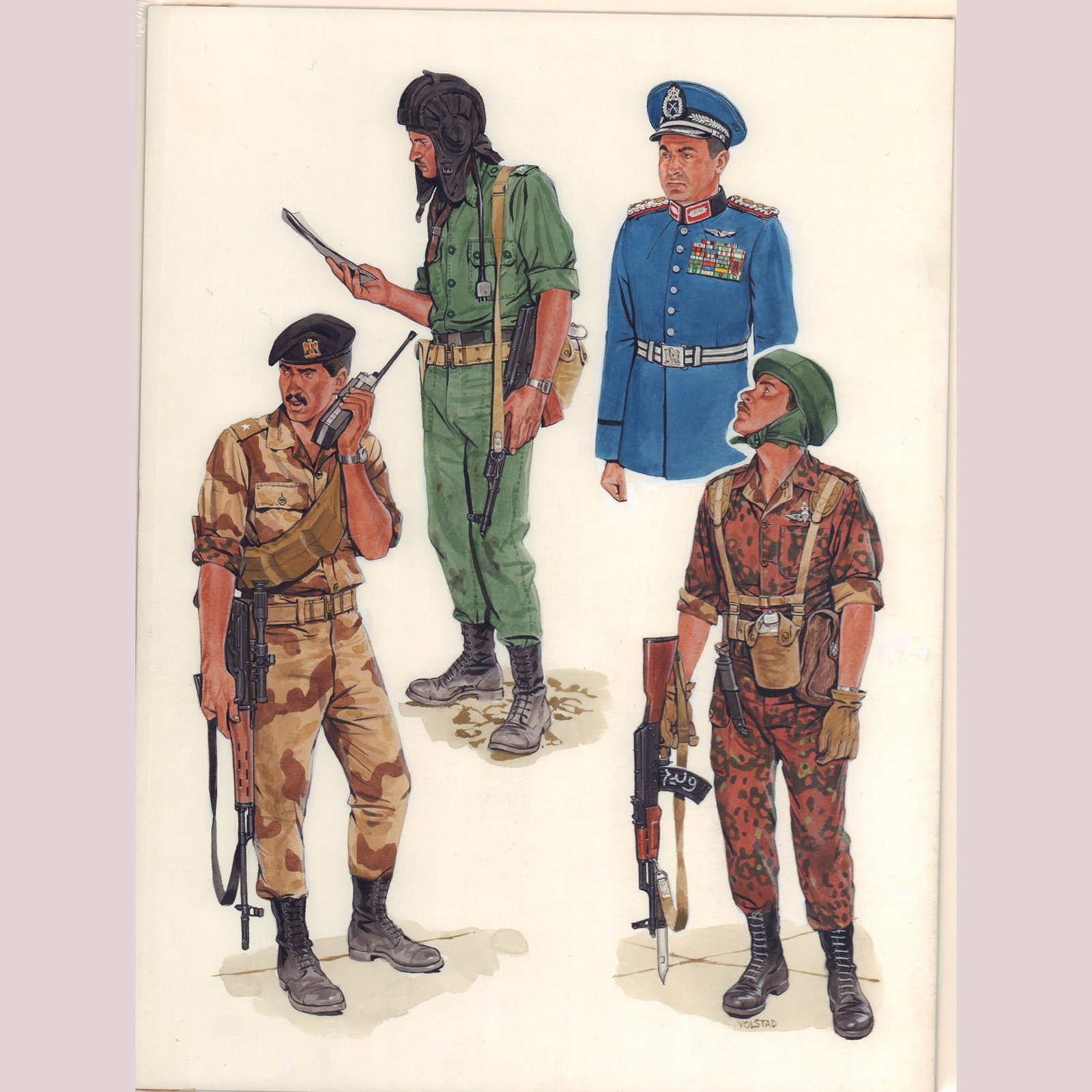 Ron Volstad Original Gouache on Board, Middle Eastern Soldiers, Signed: Striking gouache on board by Ron Volstad, signed at lower right. This composition presents four Middle Eastern military figures in distinct uniforms: a desert-camouflage radio operator with FN rifle, 