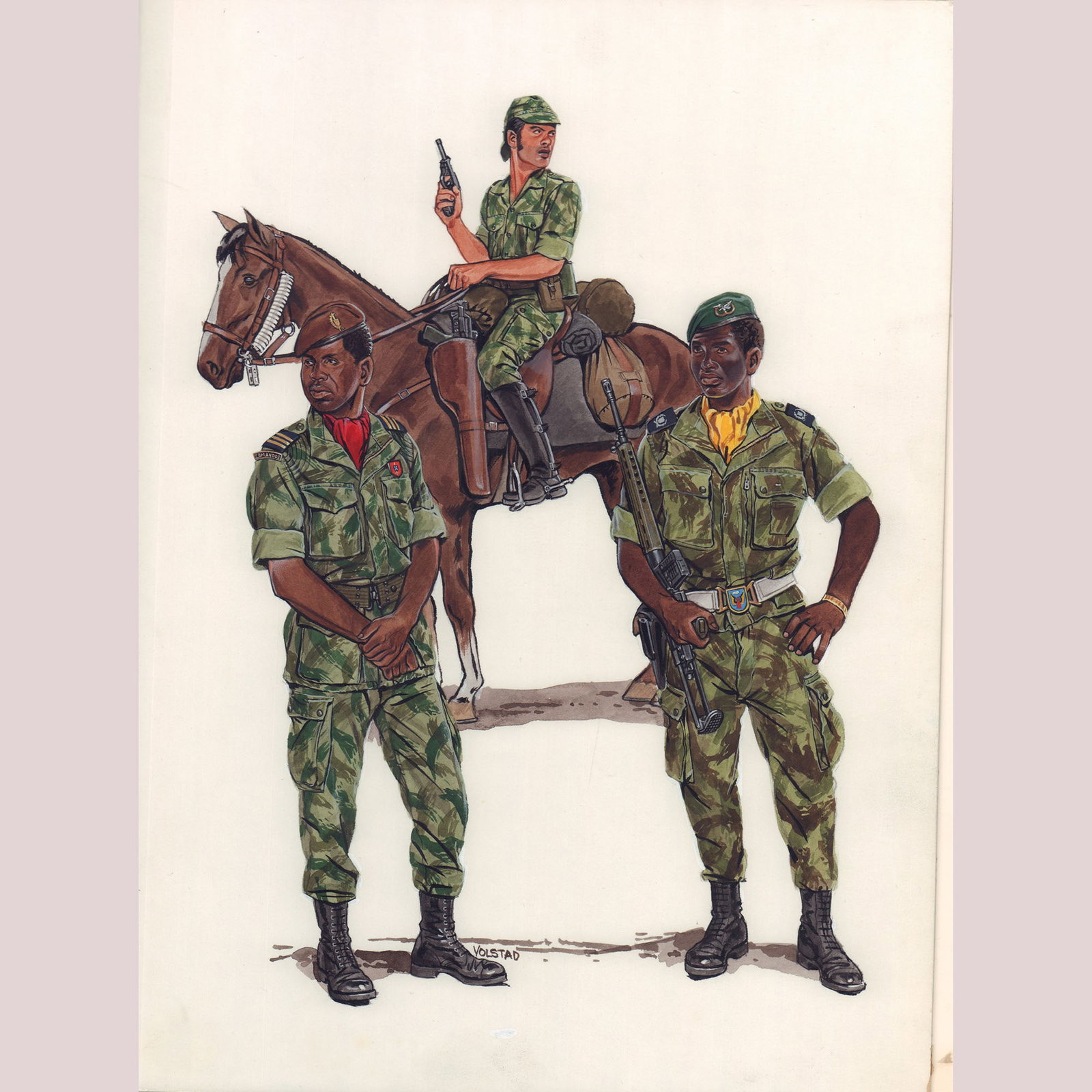 Ron Volstad, Original Gouache Illustration for Osprey Publishing: An original gouache painting by acclaimed military artist Ron Volstad, known for his extensive work with Osprey Publishing. The illustration features three Portuguese Colonial War-era soldiers in deta