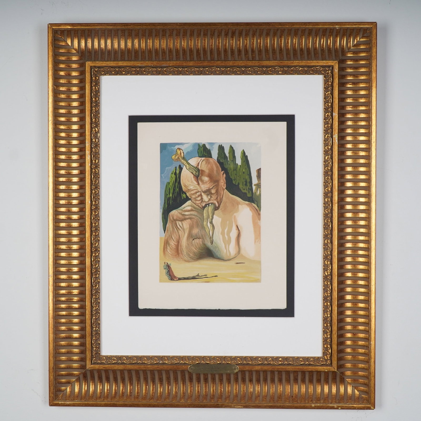 Salvador Dali Woodblock Print, The Logician Devil, Divine Comedy: Color woodblock print by Salvador Dali titled The Logician Devil (Inferno: Canto 27), from his 1964 Divine Comedy series. Commissioned to illustrate Dante Alighieri's epic poem, this work interprets a