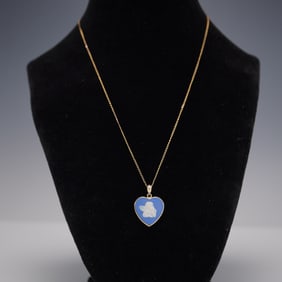 14K Gold and Blue Jasper Heart Necklace with Angel Motif