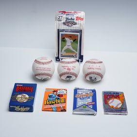 8pc Group of Baseball Memorabilia Items, Commemorative Ball & Card Packs