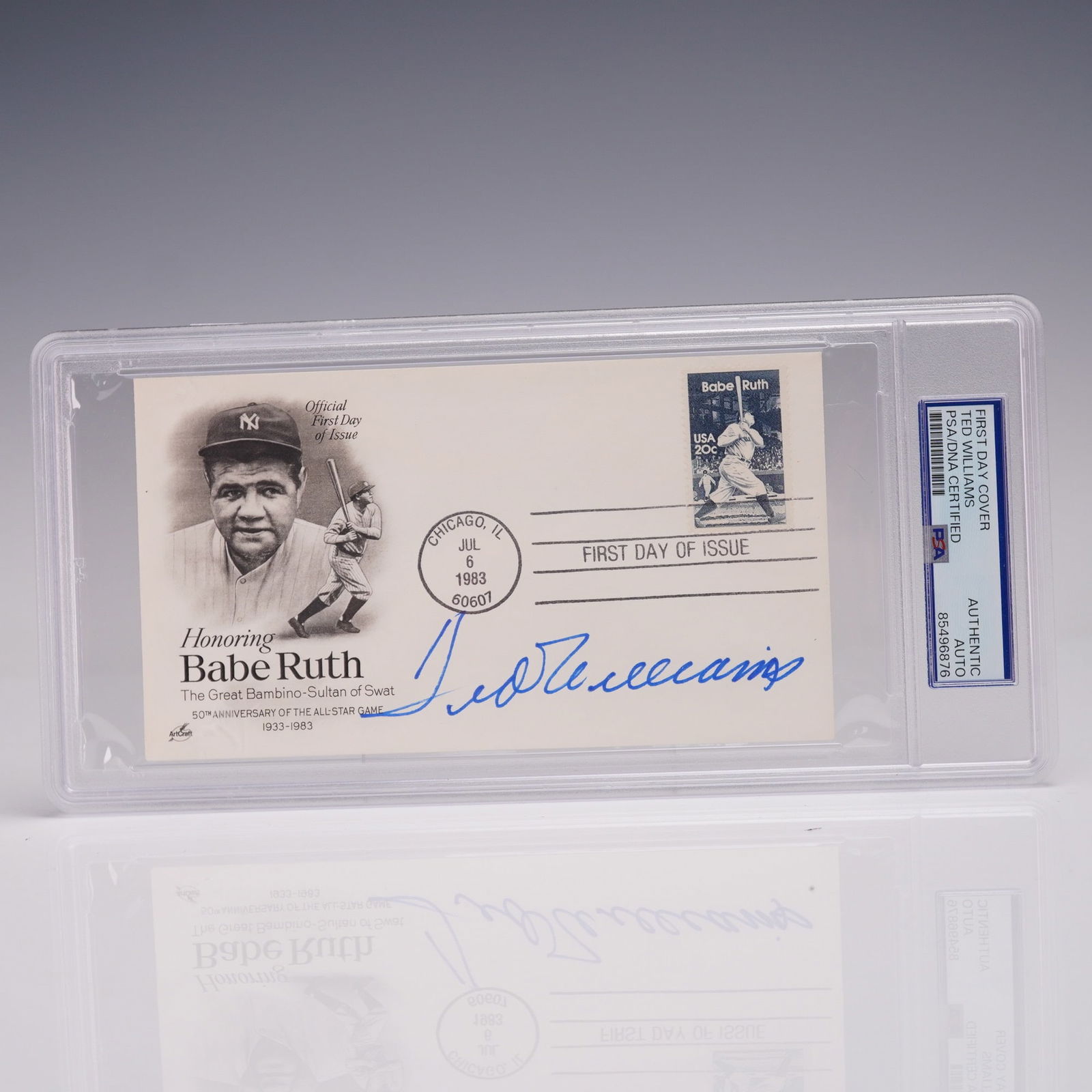 Ted Williams Signed 1983 Babe Ruth First Day Cover- PSA/DNA & JSA LOA: Ted Williams autographed 1983 First Day Cover (FDC) honoring Babe Ruth, signed boldly in blue fiber-tip marker. This collectible is authenticated by PSA/DNA and includes a full notarized Letter of Aut