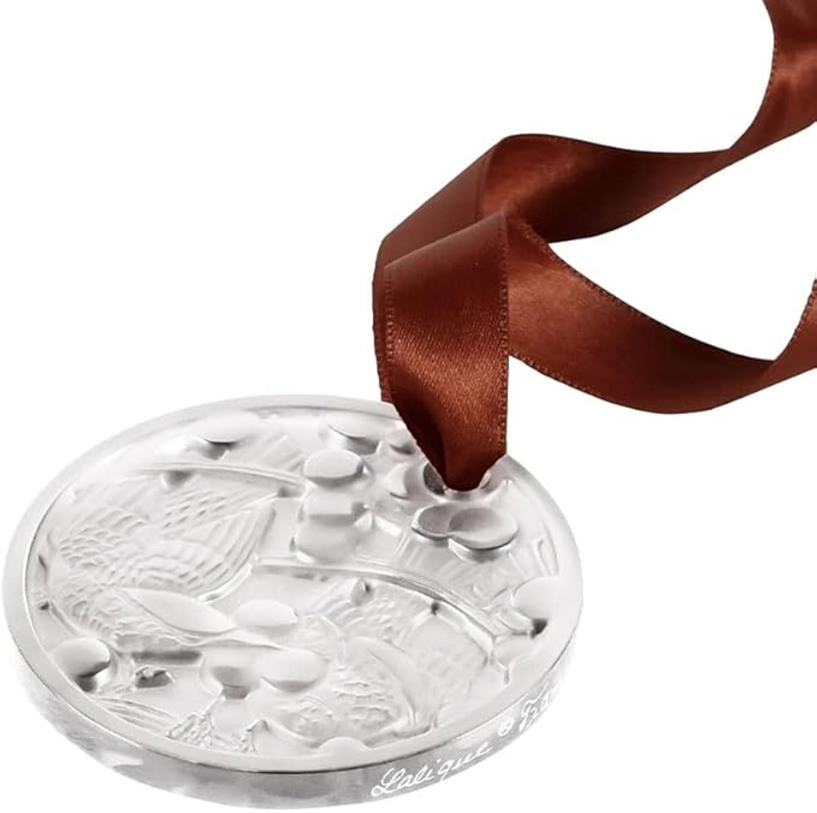 Lalique Crystal Clear Merles Et Raisins Tree Ornament, Sealed Box: Exquisite annual crystal tree ornament featuring a delicate crystal cut design of blackbirds and grapes. Intricately designed, finished with a richly colored ribbon for hanging. Preserved within its o
