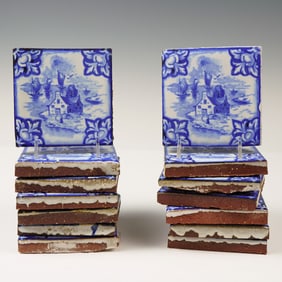 14pc Mosaic Tile Co. Delftware Faience Tiles, Coastal Cottage