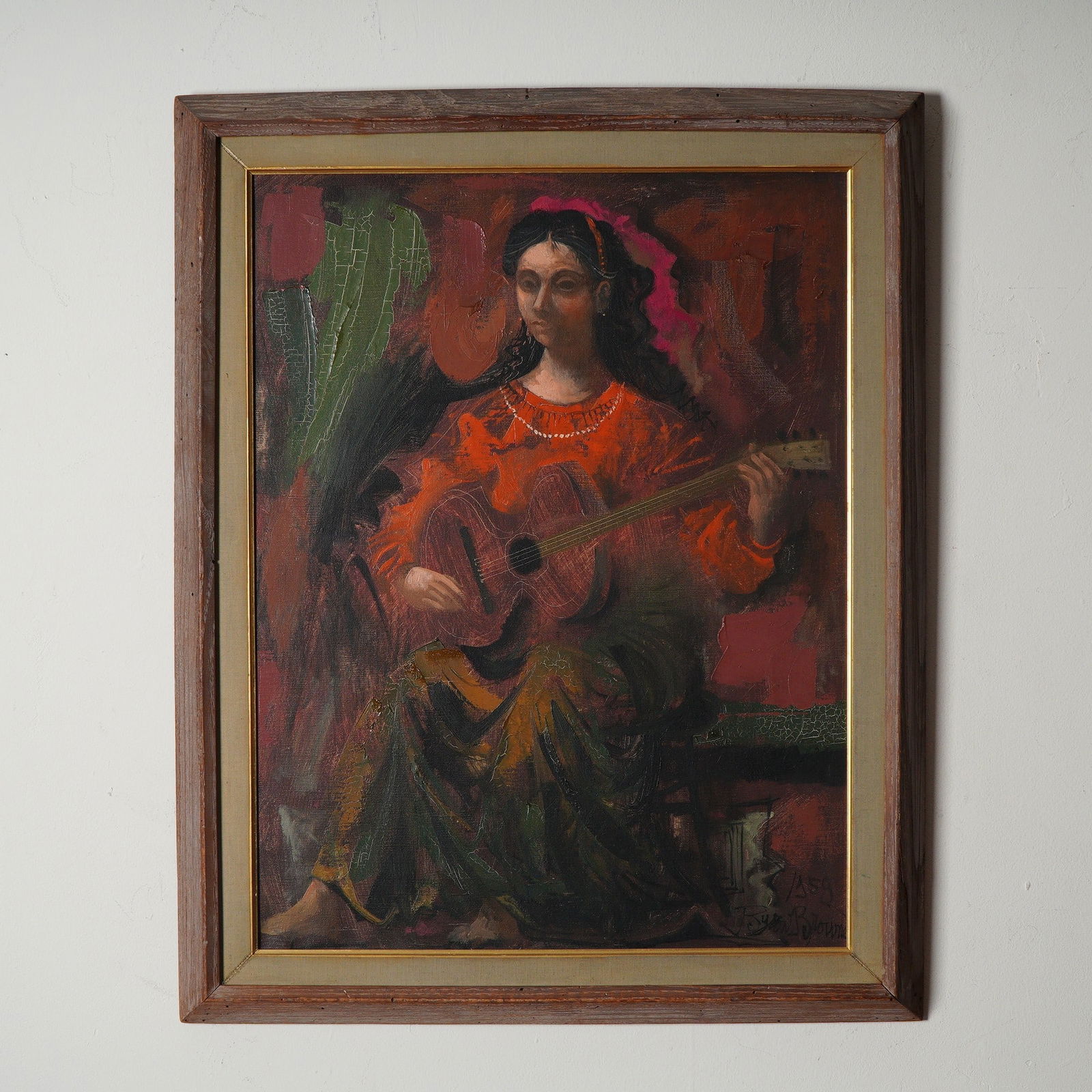 Byron Brown, Original Oil on Canvas, Woman w/ Guitar, Signed: Dazzling and evocative, this richly textured oil on canvas by American modernist Byron Browne presents a seated woman cradling a guitar, rendered in a complex interplay of earthy tones and vibrant acc