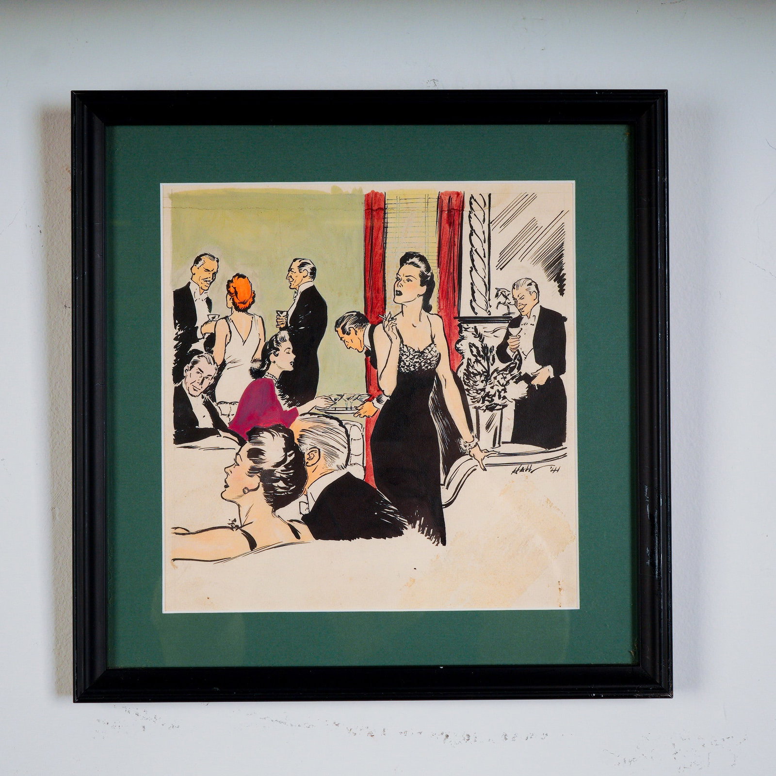 Wayne Hall Illustration in Ink & Wash, Elegant Cocktail Party Scene, Signed: Original ink and wash illustration by artist Wayne Hall, depicting a sophisticated evening party scene, likely produced for editorial or magazine use. The composition features a glamorous woman in a b