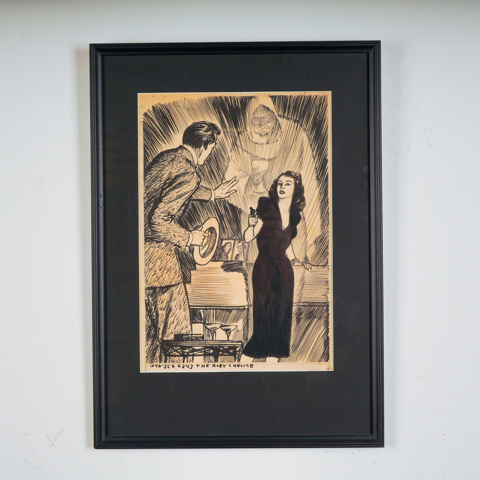 Wayne Hall Original Ink Illustration for Mystery Magazine, Signed: Dramatic original ink illustration by artist Wayne Hall, for the pulp crime story "The Ruby Chalice", created for a 1943 issue of Mystery Magazine by Street & Smith. The scene features a suspenseful c