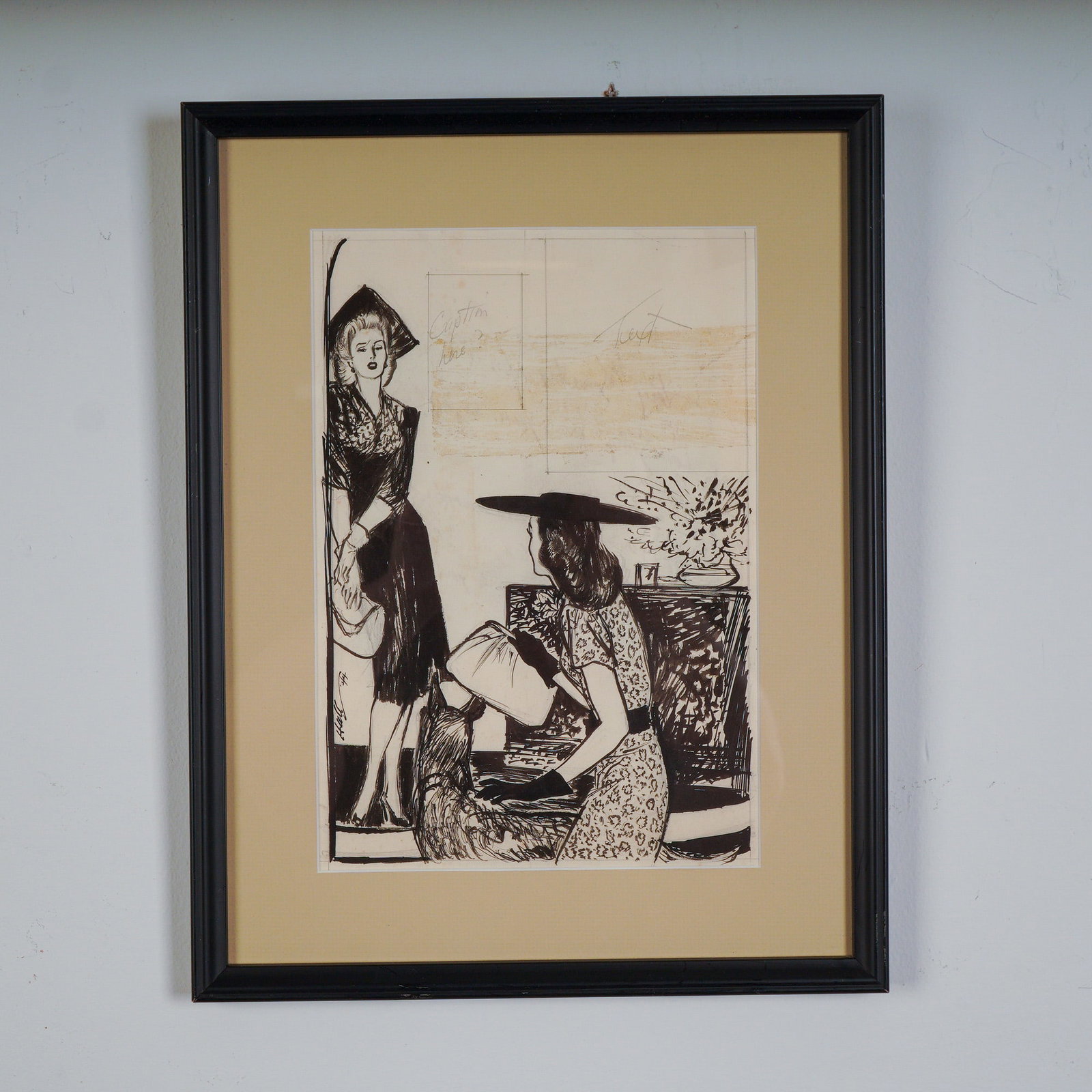Wayne Hall Original Pen and Ink Illustration, Someday You'll Care, Signed: A stylish 1944 pen and ink illustration signed HALL at lower left, created for the January 25, 1944 issue of Love Story Magazine. The image depicts two fashionably dressed women in conversation within