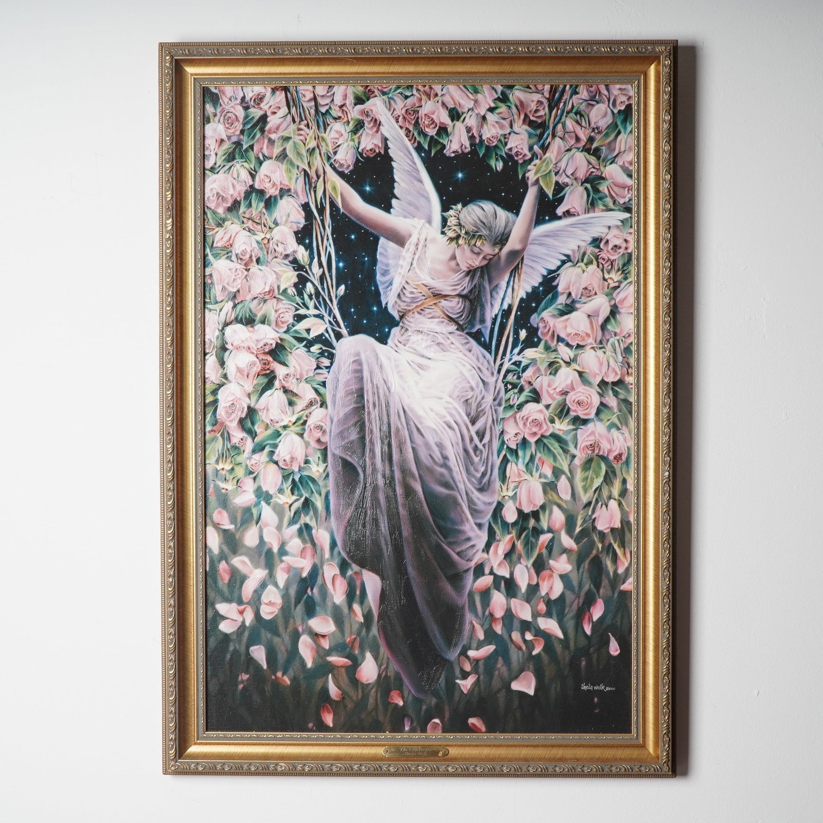 Sheila Wolk, Original Giclee on Canvas, The Gatekeeper, Signed: Ethereal and transcendent, Sheila Wolk's The Gatekeeper is a luminous example of her visionary artistry, capturing a celestial angel in flowing robes, suspended gracefully amid a profusion of pale pin