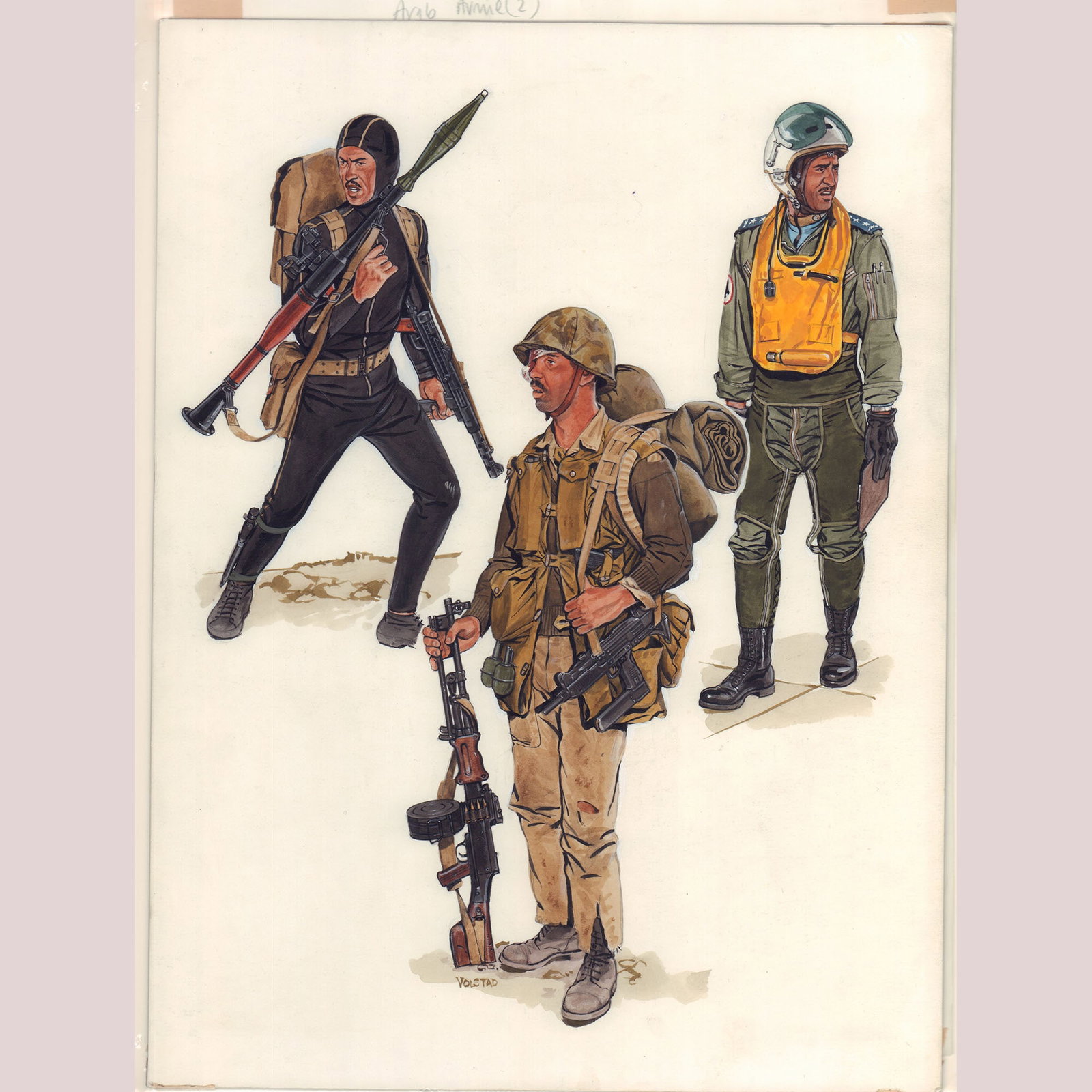 Ron Volstad, Original Gouache Illustration for Osprey - Arab Armie: Original gouache artwork by renowned military illustrator Ron Volstad, created for Osprey Publishing's series on modern armed forces. The composition features three Arab military figures in detailed u