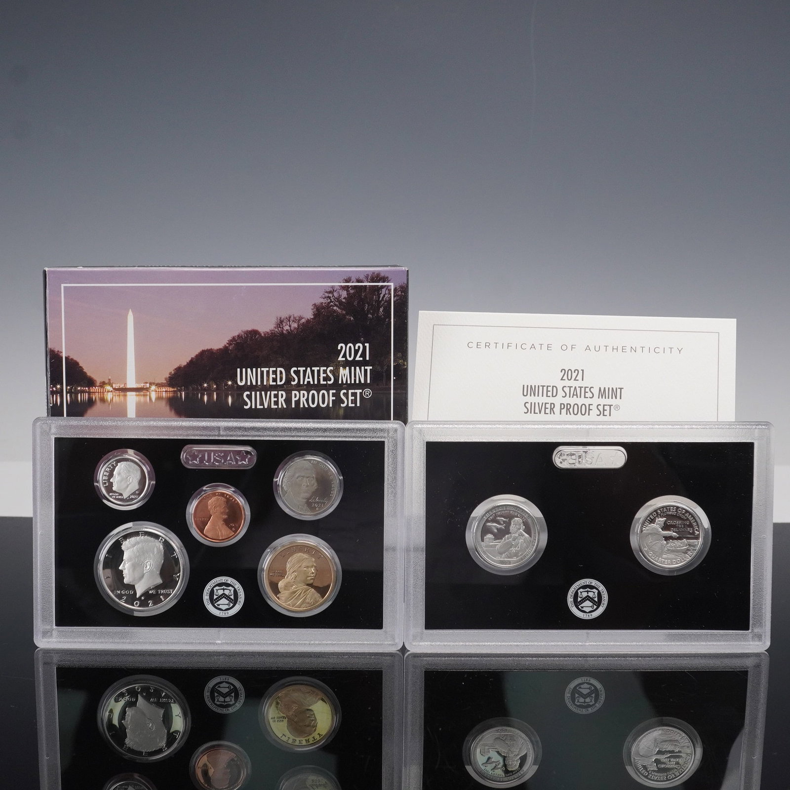 2021-S US Mint Silver Proof 7pc Set OGP: This 2021 United States Mint Silver Proof Set includes seven proof coins struck in 99.9 percent fine silver with frosted cameo finishes, all housed in protective plastic display cases. The set feature