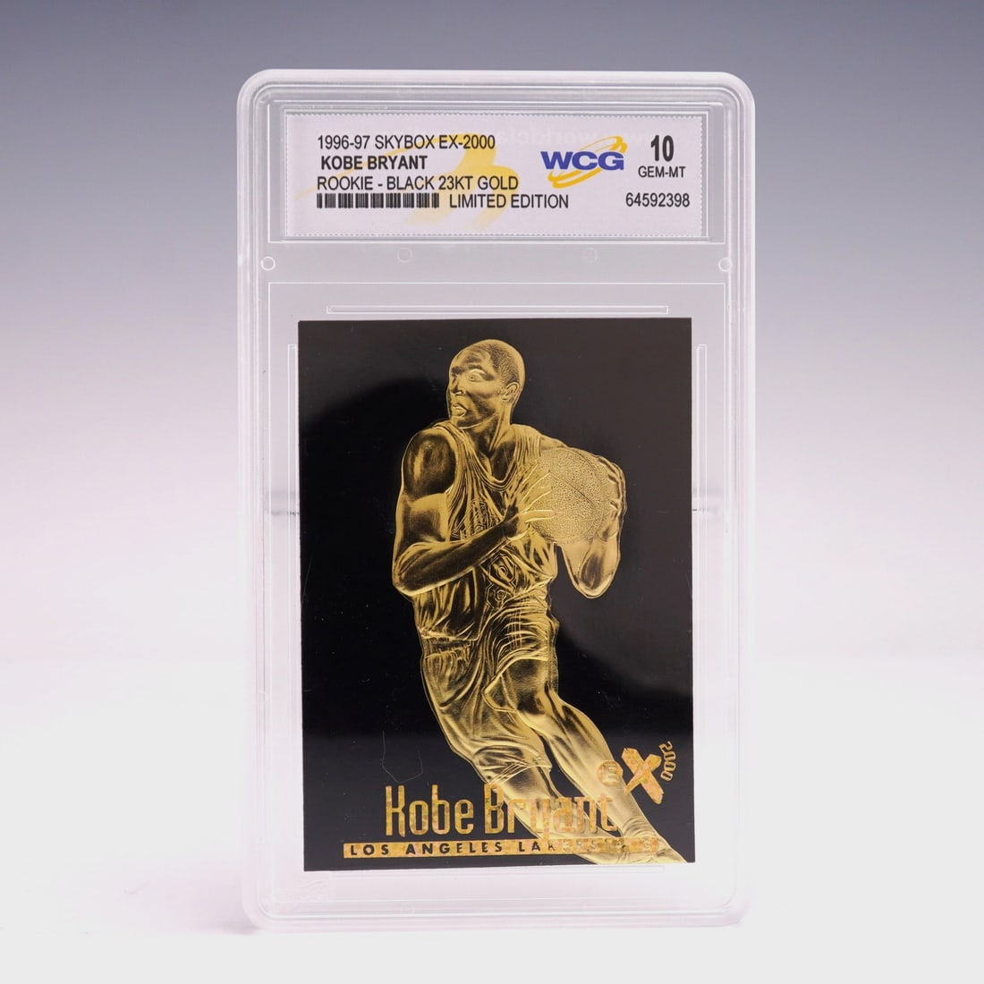 1996-97 Skybox EX-2000 Black Kobe Bryant Rookie 23Kt Gold WCG Gem Mint 10: 1996-97 Skybox EX-2000 Black Kobe Bryant rookie card finished in 23 karat gold and graded Gem Mint 10 by WCG. This stunning rookie card highlights Kobe Bryant in one of his earliest pro appearances, r