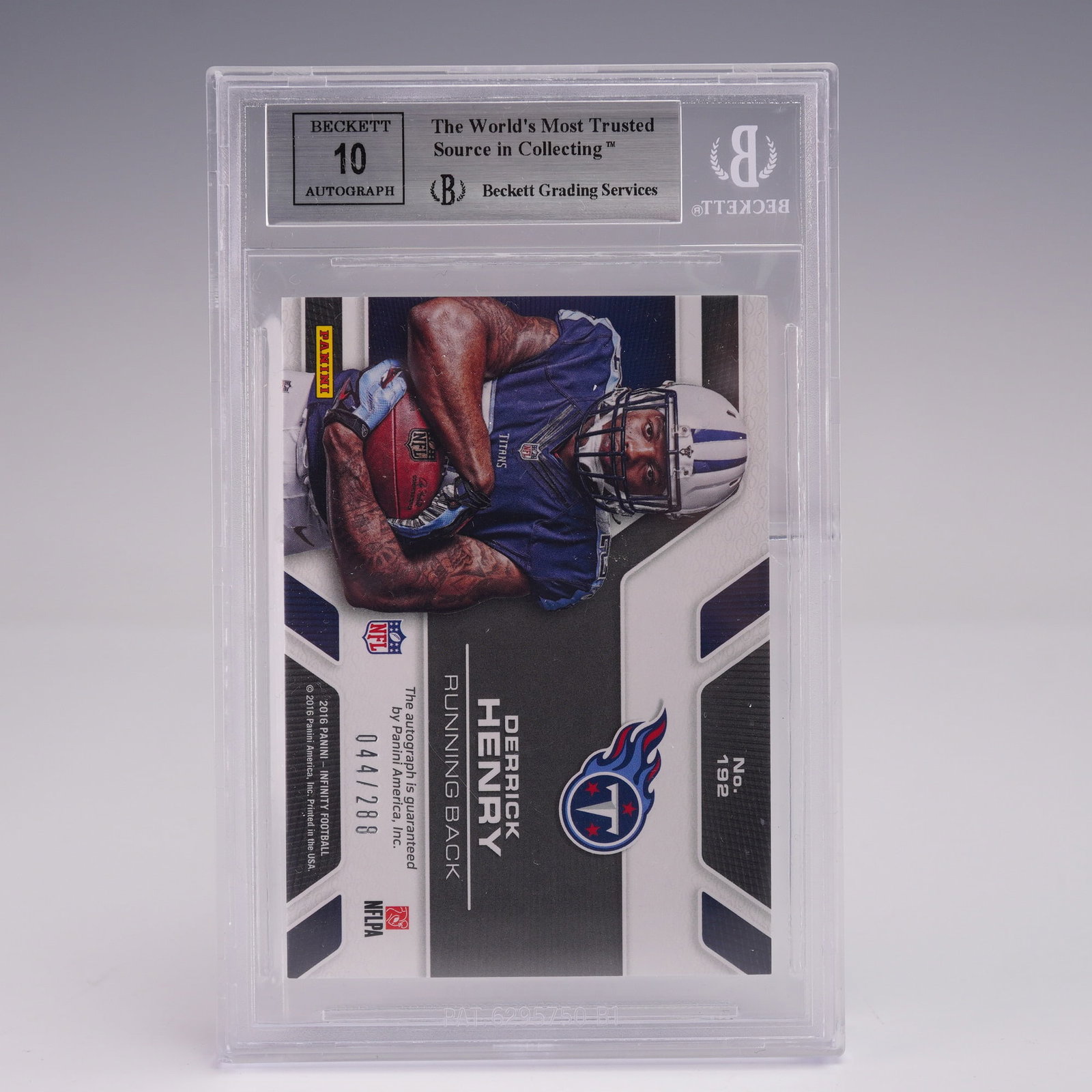 Derrick Henry Auto 2016 Panini Infinity #192 Rookie Card BGS Certified: This is a 2016 Panini Infinity #192 Derrick Henry rookie card featuring an on card autograph. The card is authenticated and graded by Beckett Grading Services (BGS) with certification, receiving an ov
