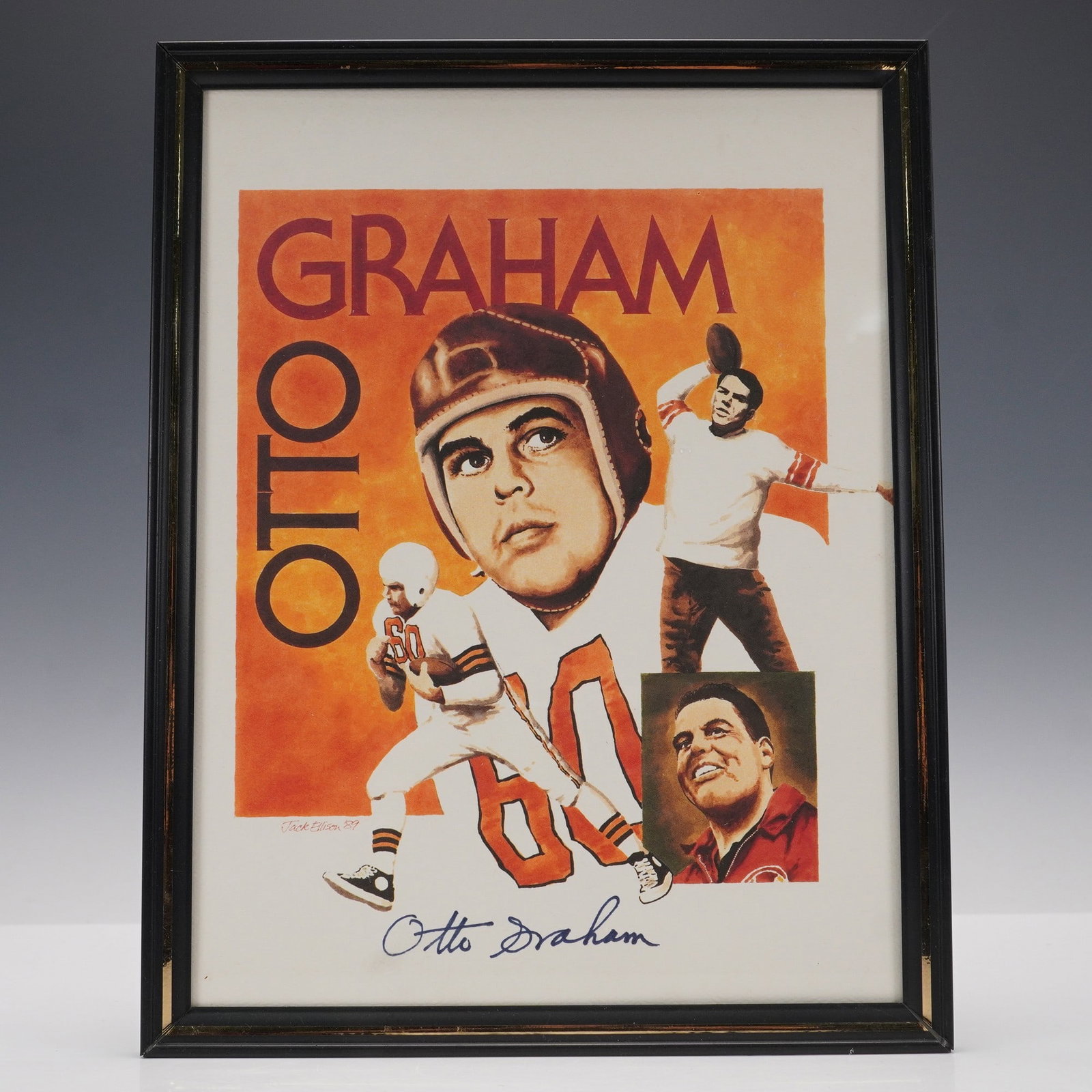 Otto Graham, Autographed Limited Edition Print with COA: Limited edition print featuring legendary Cleveland Browns quarterback Otto Graham, created in 1989 by artist Chuck Olson. The artwork showcases multiple portraits and action scenes of Graham in his p