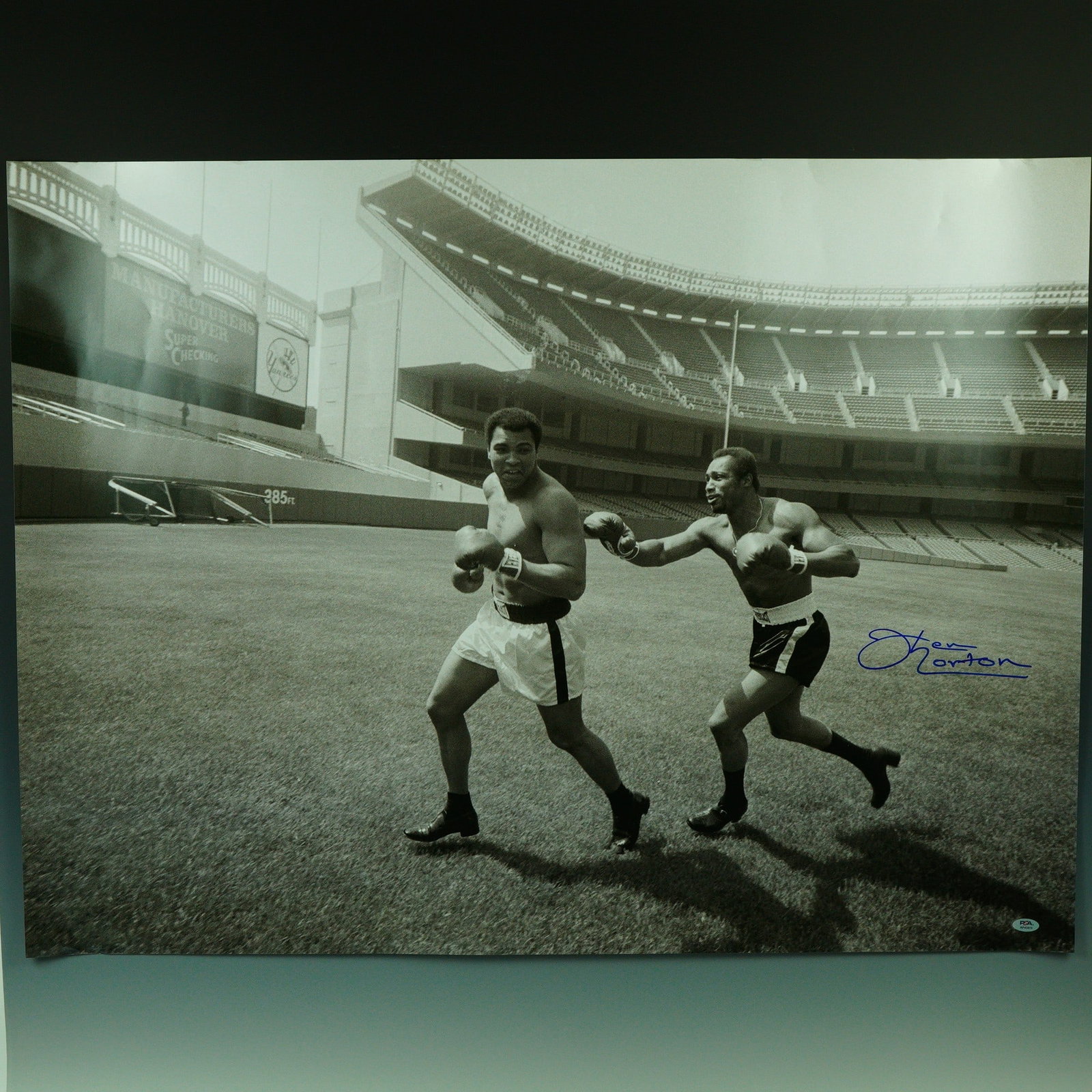 Ken Norton & Muhammad Ali Yankee Stadium Photograph w/ COA: An iconic large-format black-and-white photograph capturing one of boxing's most celebrated rivalries, Ken Norton and Muhammad Ali in a lighthearted sparring moment on the field at Yankee Stadium. Nor