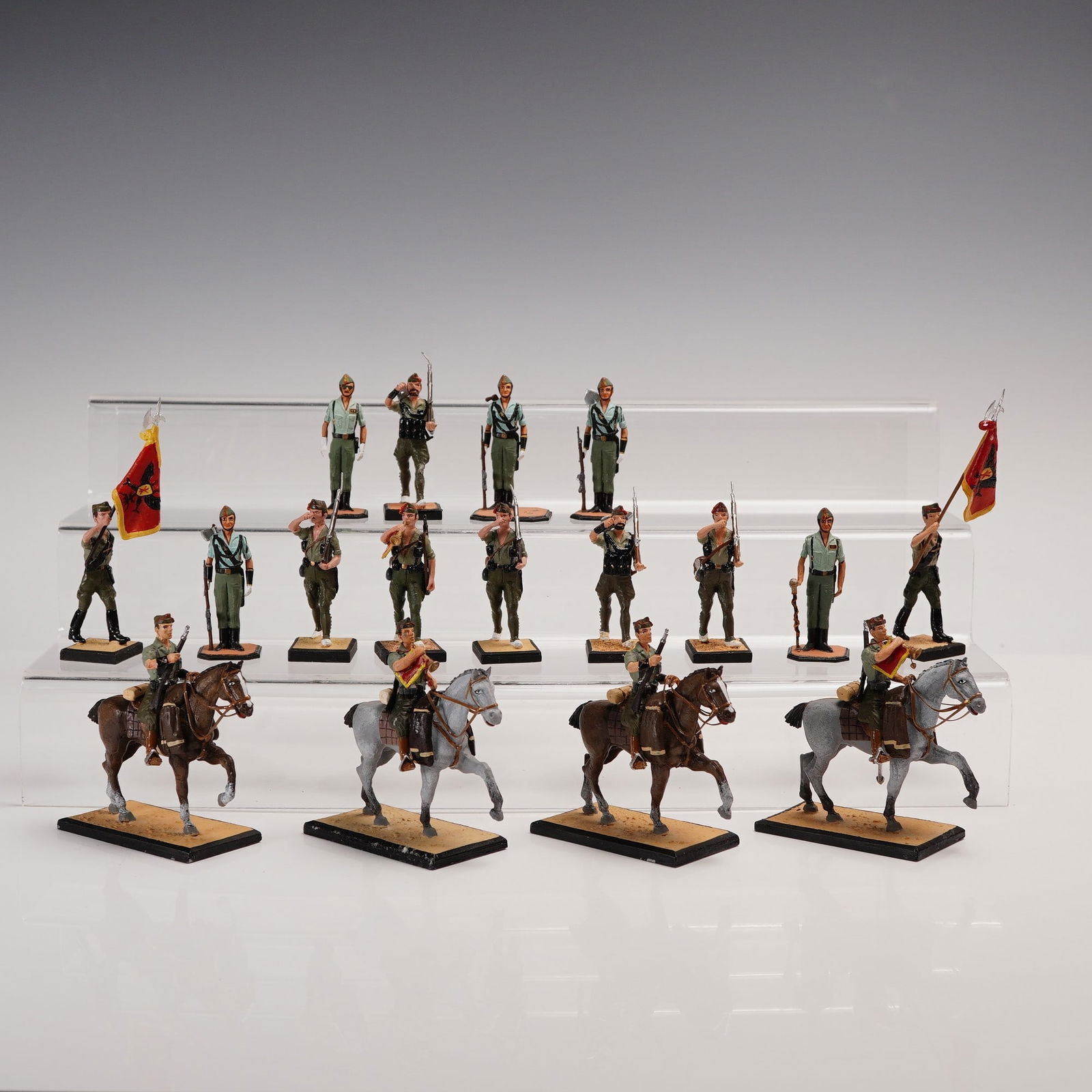 17pc Painted Metal Spanish Legion Figures with Horses: A 17-piece set of hand-painted metal miniatures representing Spanish Legion soldiers in parade and mounted formation. Includes uniformed figures with rifles, bugles, and ceremonial flags, as well as m