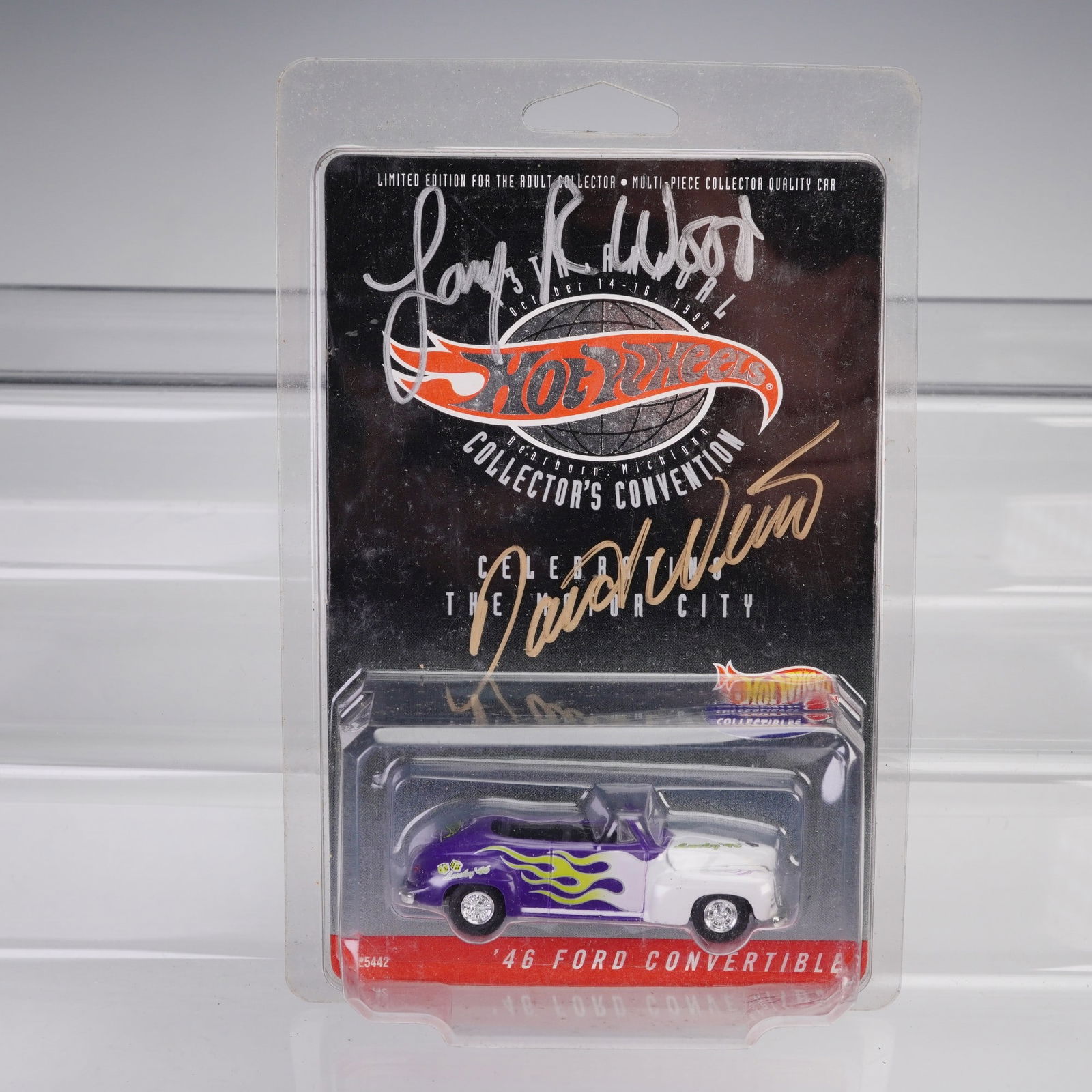 Autographed Larry Wood & Dave Weise Mattel Hot Wheels, '46 Ford Convertible: Die-cast Hot Wheels '46 Ford Convertible, released exclusively for the 13th Annual Hot Wheels Collector's Convention held in Dearborn, Michigan. This commemorative model is part of a limited edition r