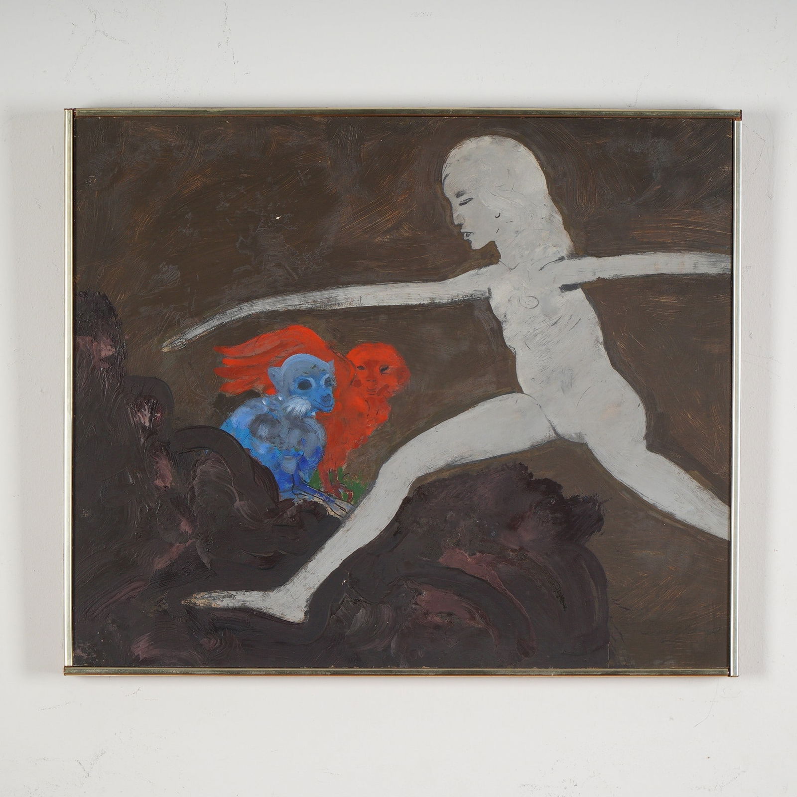Robert Beauchamp, Original Oil on Wood Panel, Nude Monkey & Bird: Dynamic and surreal, this original oil painting on wood panel by American artist Robert Beauchamp captures a dreamlike tableau of a pale, elongated nude figure striding across a dark, textured ground,