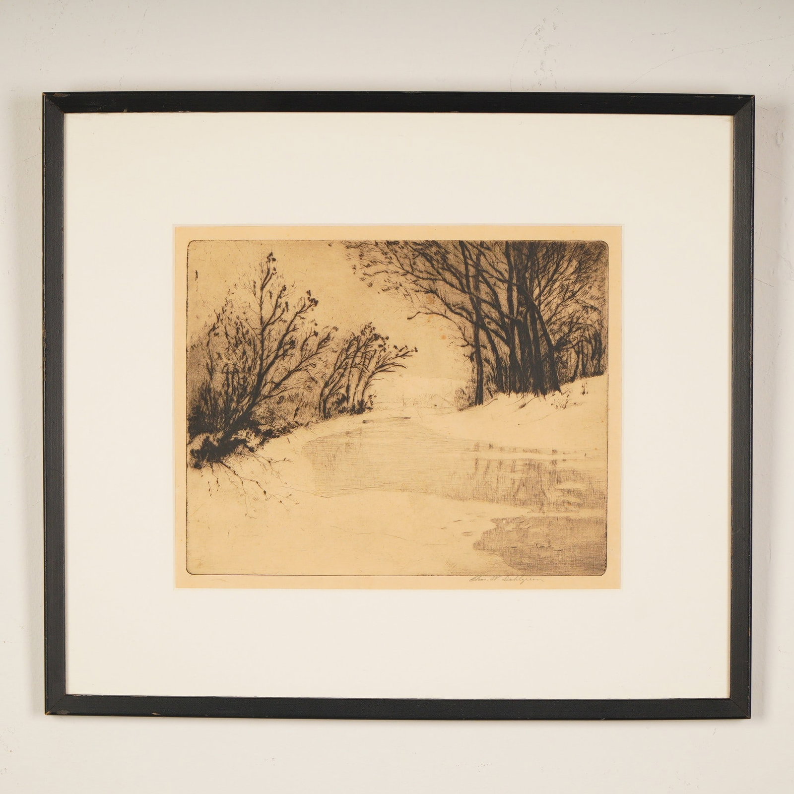 Charles W. Dahlgreen, Original Etching on Paper, The Frozen Creek, Signed: Step into a serene winter's hush with The Frozen Creek, an evocative etching by celebrated American artist Charles William Dahlgreen. Rendered in delicate lines and tonal contrasts, this atmospheric c