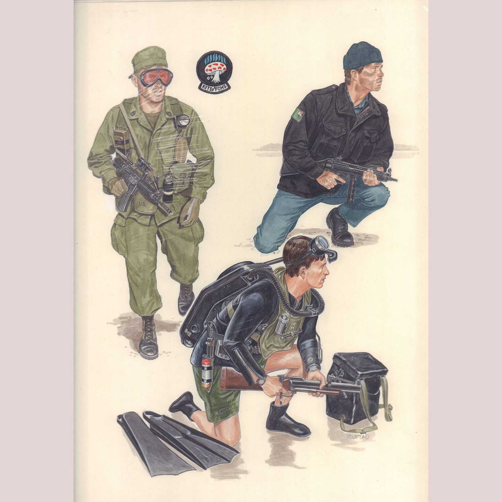 Ron Volstad Original Gouache on Board, Cold War Special Forces, Signed: Original gouache on board by Ron Volstad, signed at lower right. This detailed illustration features three Cold War-era special operations soldiers: a U.S. Army Ranger in olive fatigues and tactical g