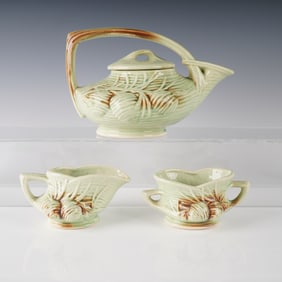 4pc McCoy Pottery Pine Cone Tea Set, Teapot with Lid, Creamer, Sugar