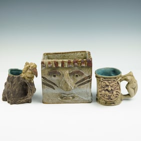 3pc Jim Rumph Fantasy Pottery Mugs and Face Vase