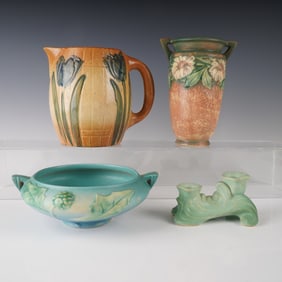 4pc Roseville Pottery Pitcher, Bowl, and Vase w/ Weller Pottery Candelabra
